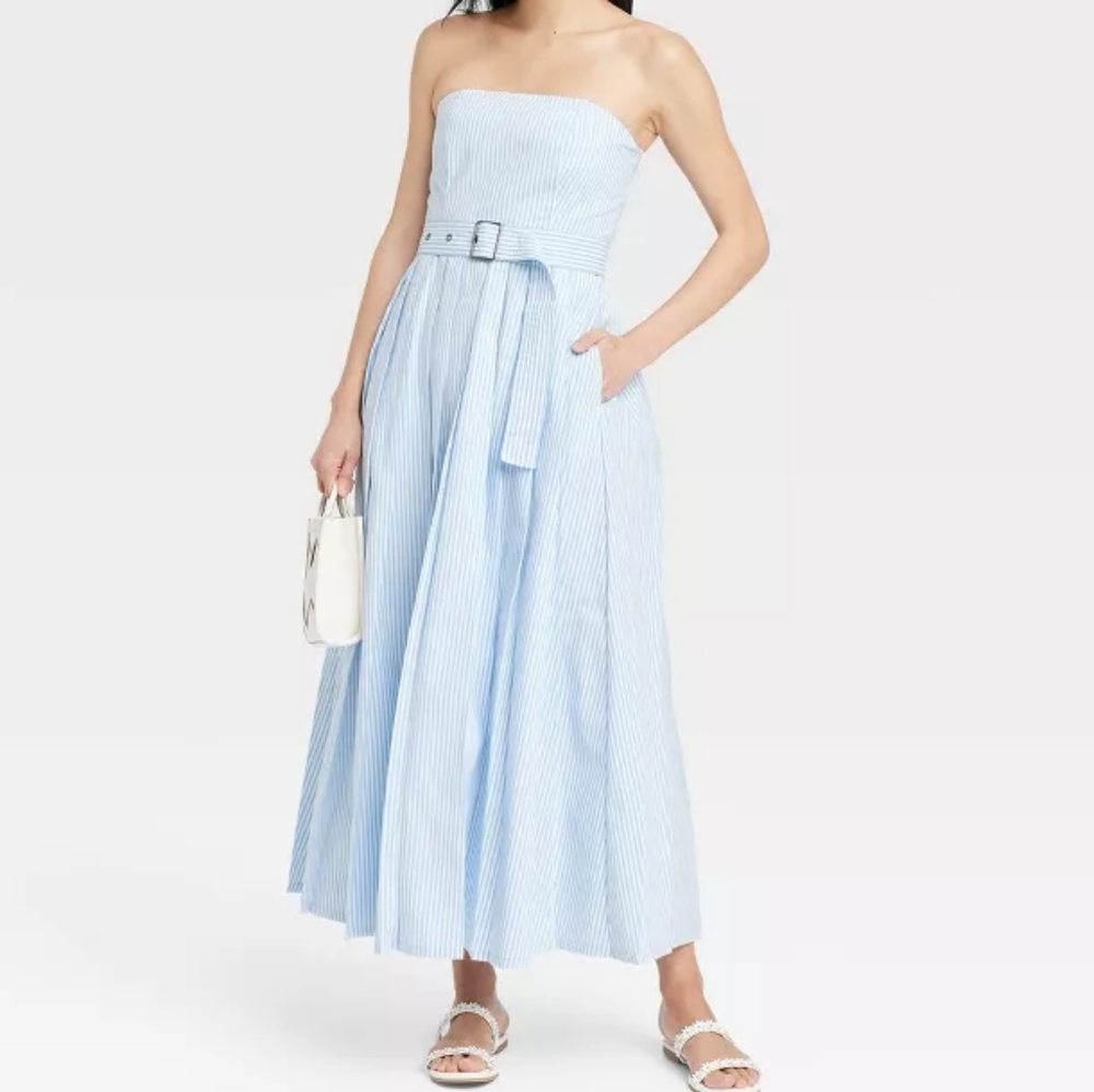 A New Day Belted Midi Bandeau Dress Blue/White Striped Ajustable Straps Nwt